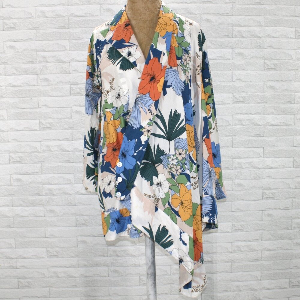 Shacket Wrap Shirt Jacket Floral Asymmetrical Unique Tropical Blue 2XL